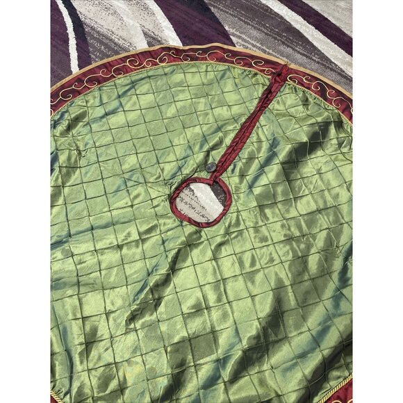 Burgundy Maroon Olive Green Gold Silk Accent Christmas Tree Skirt Approx 45” - Picture 4 of 9